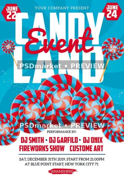 Spiral Lollipop Candy Land Event Flyer PSD Template showing oversized white candy land lettering fills a bright turquoise background, crossed by an energetic red event script with two PSDmarket preview watermarks