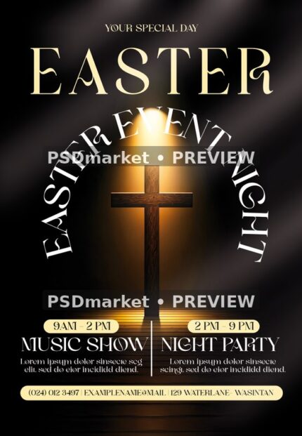Spotlight Cross Easter Night Flyer PSD Template — PSD template preview