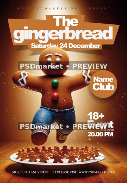 Spotlit Dancing Gingerbread Holiday Party Flyer PSD Template — reduced watermarked source artwork preview