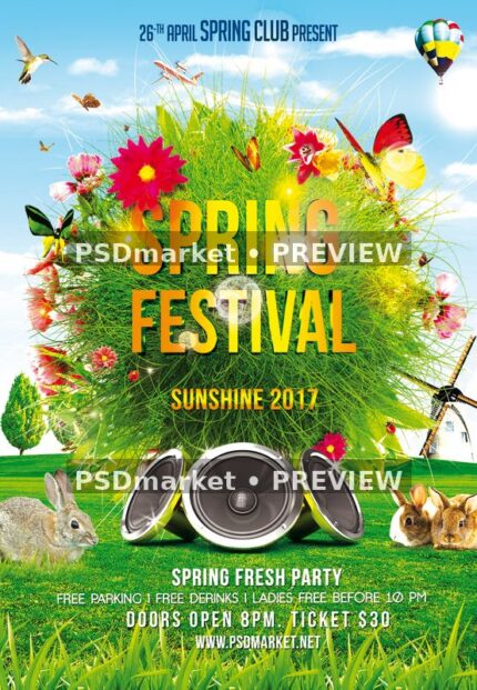 Spring Festival Grass Sphere and Speakers Flyer with two horizontal PSDmarket preview watermarks
