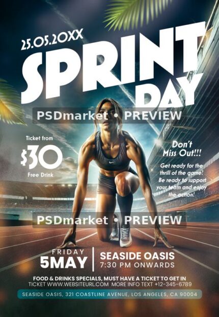 Sprint Day flyer with a runner at the starting line, stadium seating, palm leaves and large white title