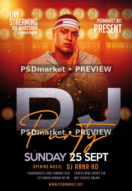 Stage Lights DJ Portrait Party Flyer PSD Template — PSD template preview