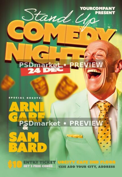 Comedy Night flyer with laughing man in green suit, yellow dimensional headline, red date banner and green background.