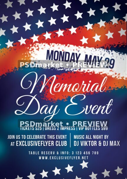 Stars and Brush Strokes Memorial Day Event Flyer PSD Template — PSD template preview
