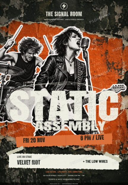 Watermarked Static Assembly grunge rock band flyer PSD with black-and-white musicians, orange torn-paper background and distressed editable lettering
