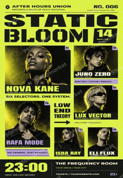 Static Bloom Underground Electronic Music Flyer PSD Template with PSDmarket preview watermark