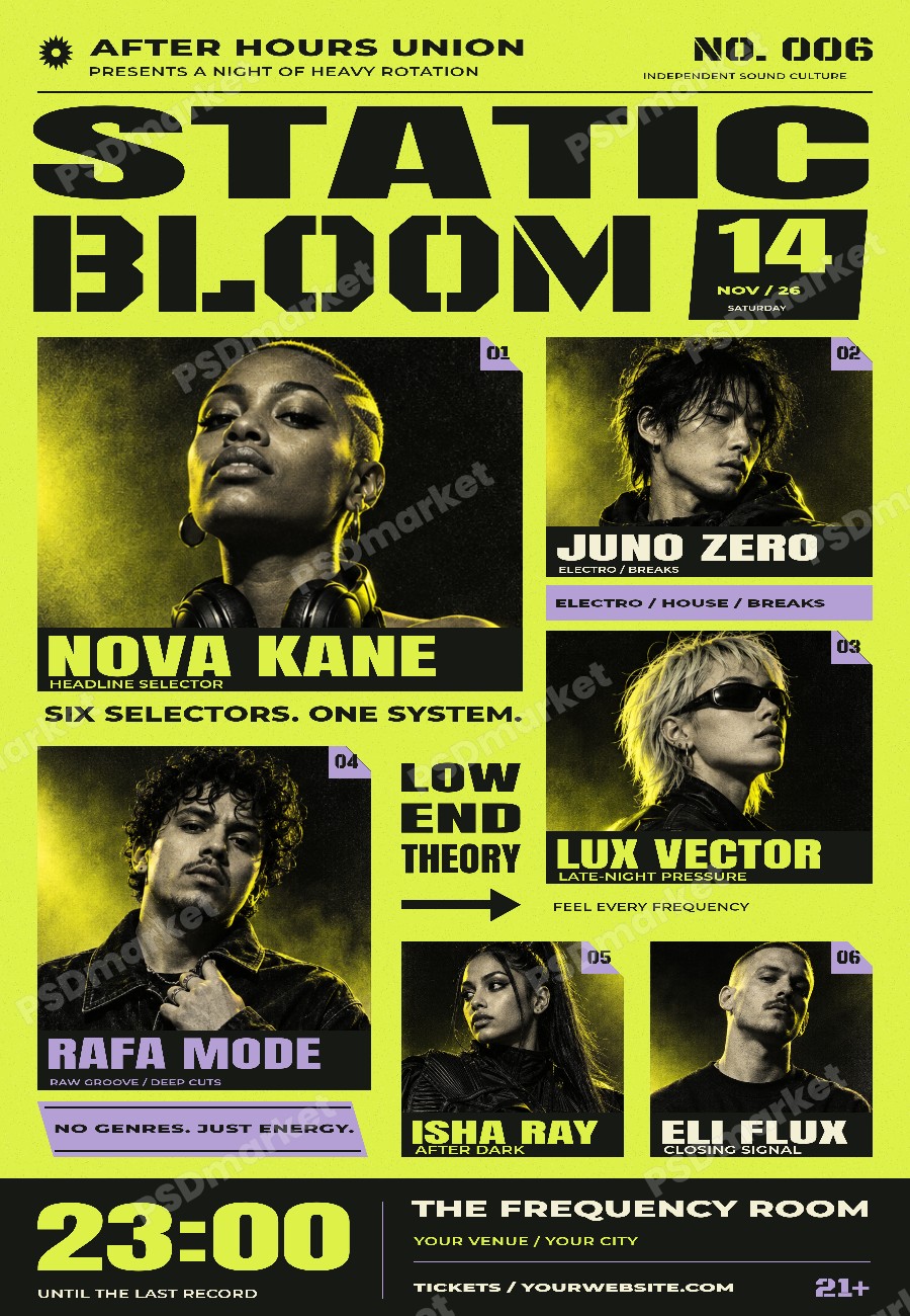 Static Bloom Underground Electronic Music Flyer PSD Template with PSDmarket preview watermark