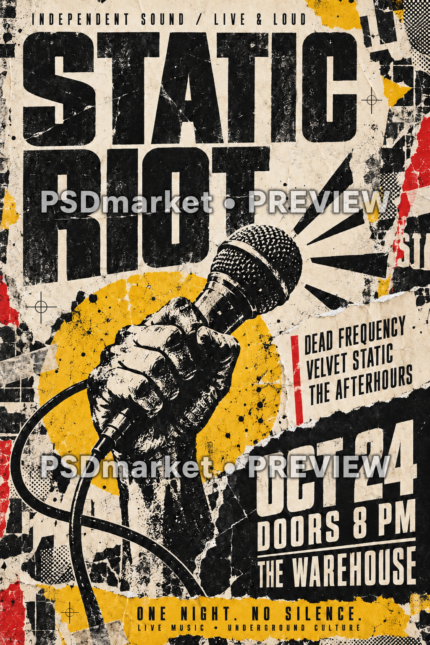 Static Riot grunge rock concert flyer with a raised microphone, distressed black typography, yellow accents and two PSDmarket preview watermarks