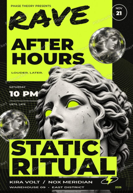STATIC RITUAL electronic music flyer with acid-lime title panels, halftone marble sculpture and glass reflections; watermarked PSDmarket preview