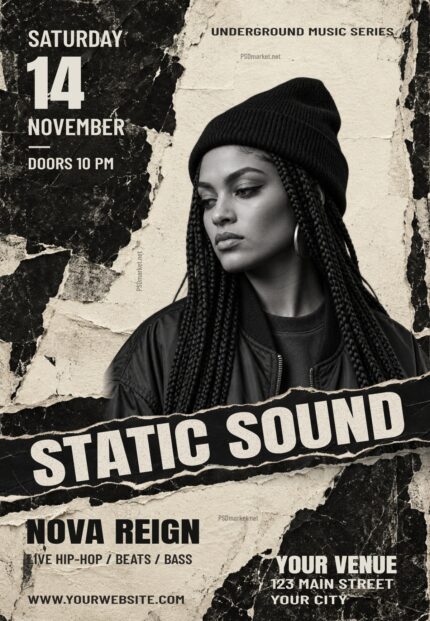 Static Sound hip hop party flyer with centered distressed title, monochrome portrait and torn-paper design