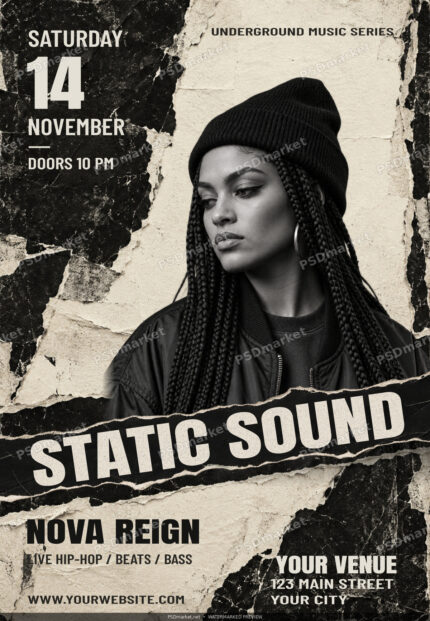 Static Sound hip hop flyer with standard PSDmarket diagonal watermarks