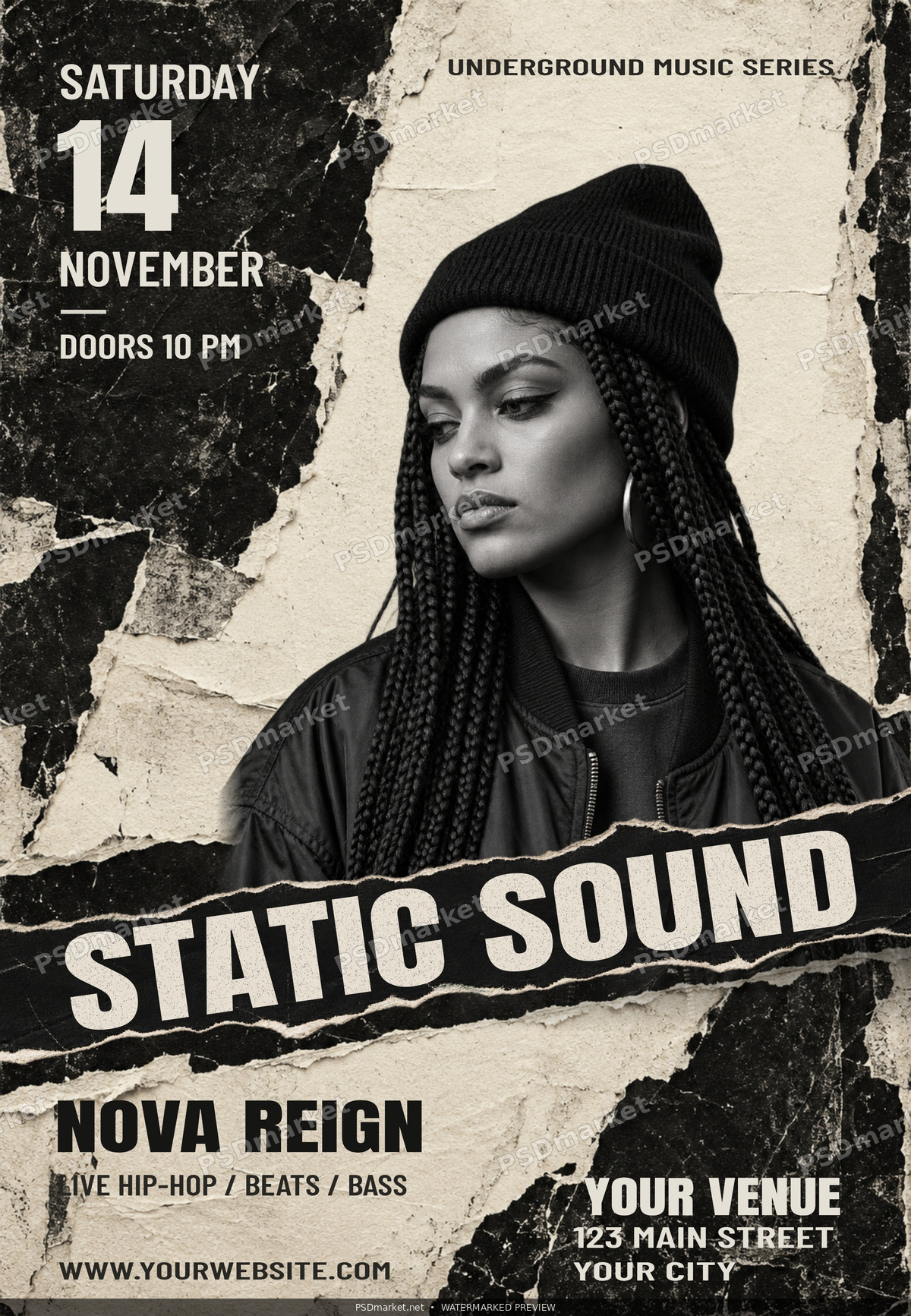 Static Sound hip hop flyer with standard PSDmarket diagonal watermarks