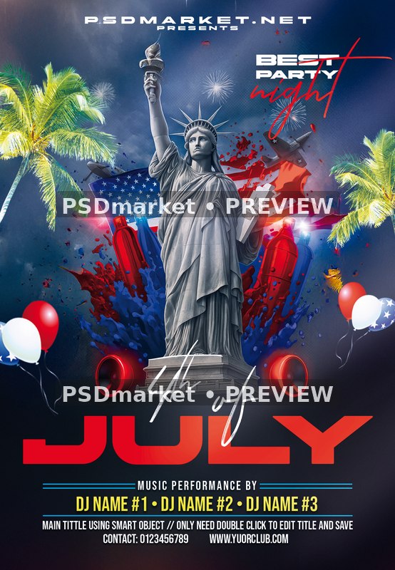 Statue of Liberty Fourth of July Party Flyer PSD Template — PSD template preview