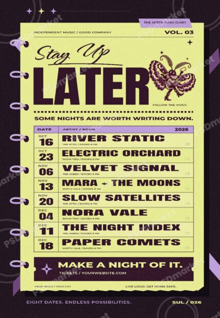 Stay Up Later Independent Music Calendar Flyer PSD Template with PSDmarket preview watermark