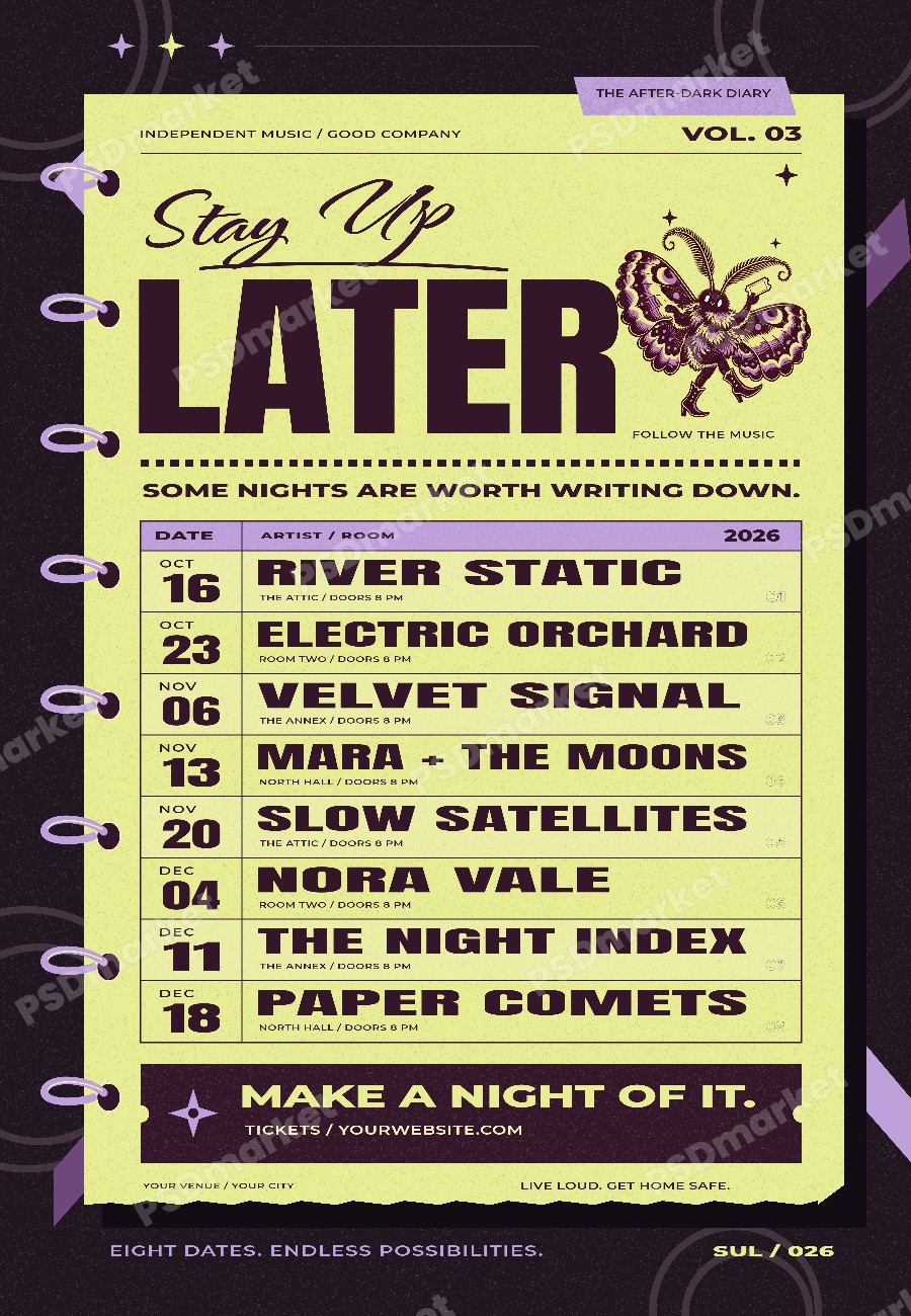 Stay Up Later Independent Music Calendar Flyer PSD Template — PSD template preview