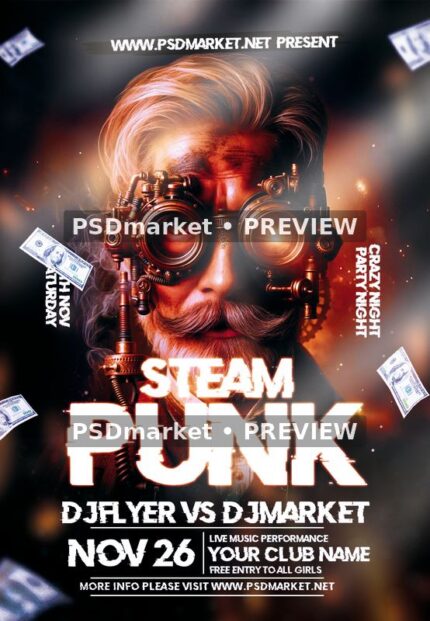 Steampunk party flyer with mechanical goggles, swept hair, a moustache, orange lighting and large white STEAM PUNK text
