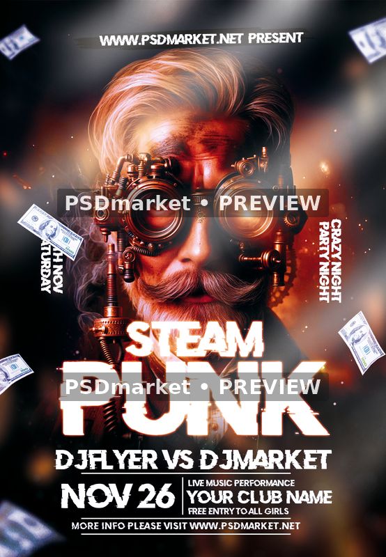 Steam Punk Party Mechanical Portrait Flyer PSD Template — PSD template preview