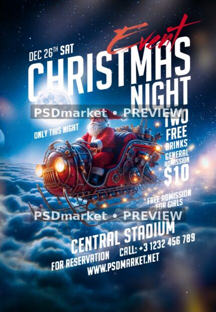 Steampunk Santa Sleigh Christmas Night Flyer PSD Template — reduced watermarked source artwork preview