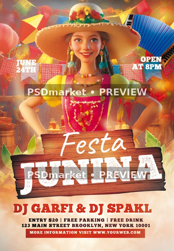 Straw Hat Dancer Festa Junina Flyer PSD Template — PSD template preview