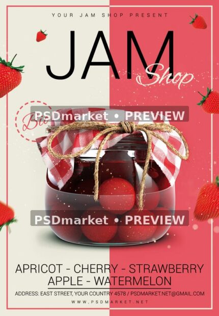 Strawberry Jam Shop Jar Flyer PSD Template — PSD template preview