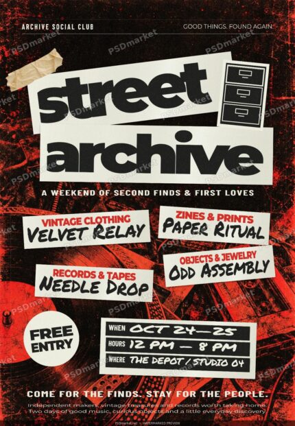 Street Archive vintage market flyer with red-and-black still-life background, angled cream paper labels and PSDmarket preview watermarks