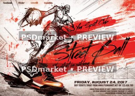 Street Ball Red Sketch Landscape Flyer PSD Template — PSD template preview