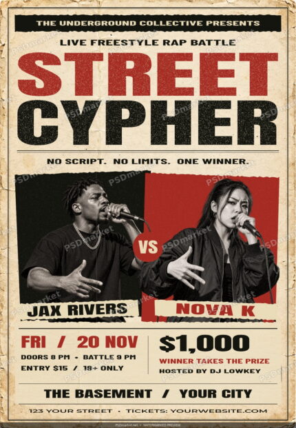 Street Cypher vintage rap battle flyer with red and black typography, two performers and PSDmarket preview watermark