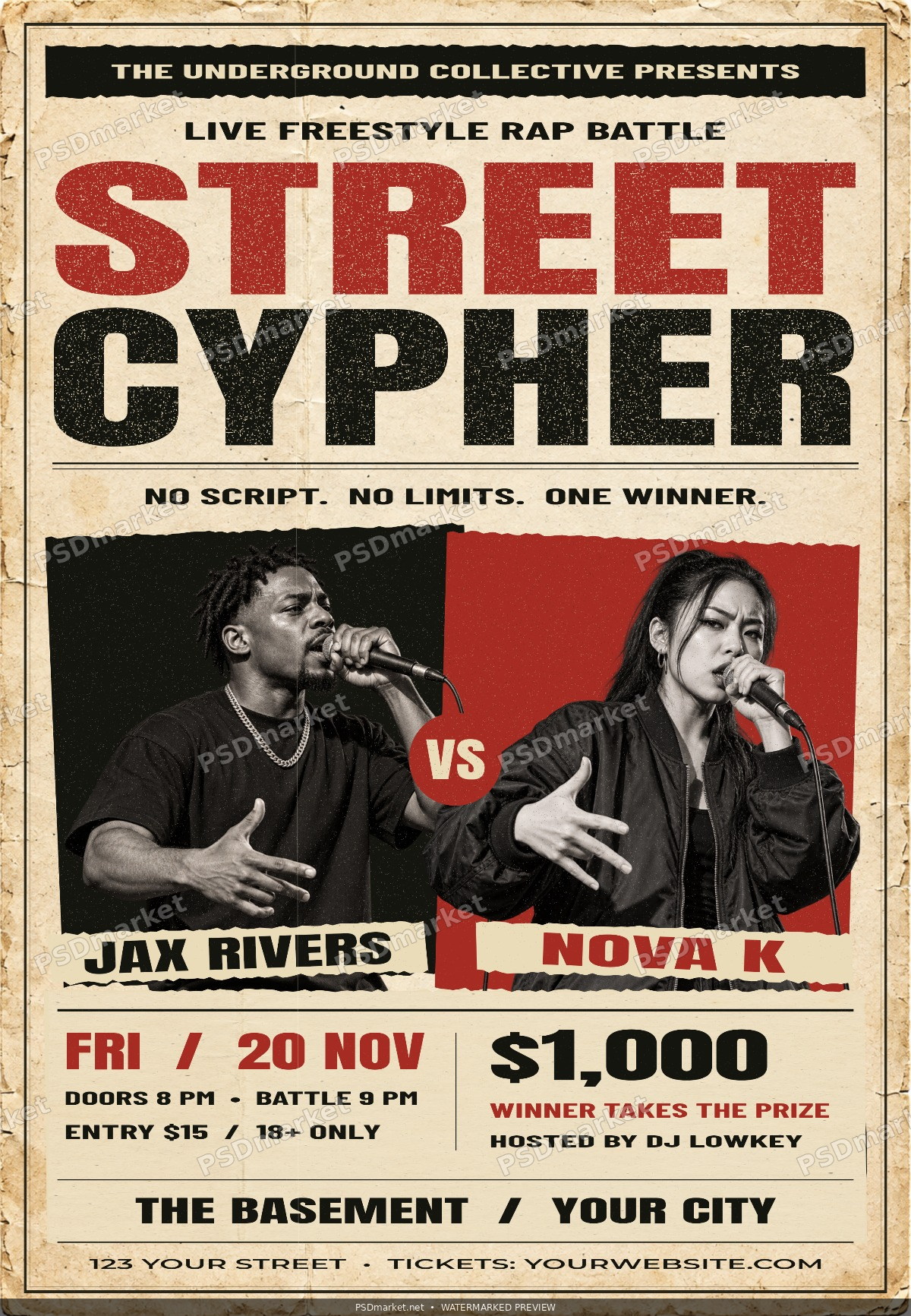 Street Cypher vintage rap battle flyer with red and black typography, two performers and PSDmarket preview watermark
