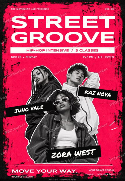 STREET GROOVE hip-hop dance workshop flyer in hot pink, black and white with three dancer cutouts; PSDmarket watermarked preview