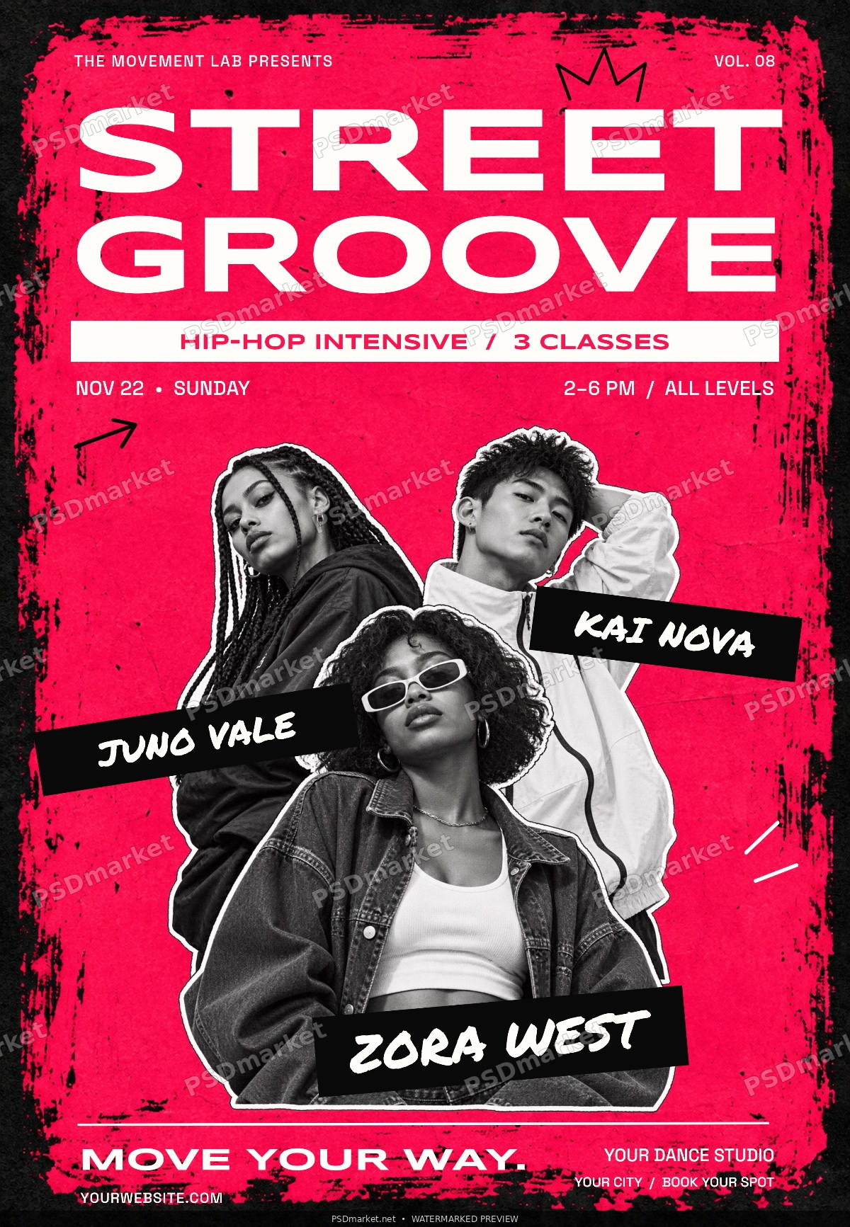 STREET GROOVE hip-hop dance workshop flyer in hot pink, black and white with three dancer cutouts; PSDmarket watermarked preview