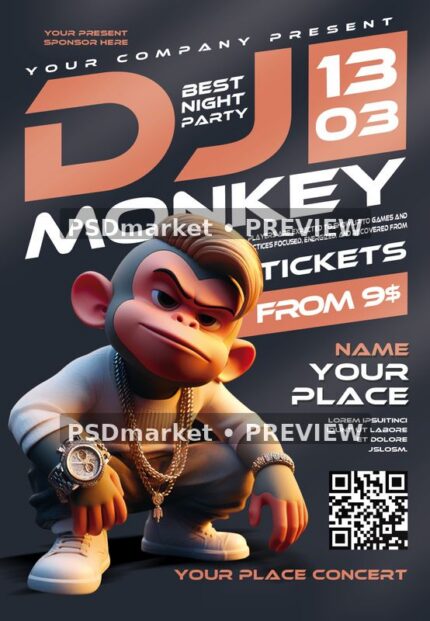 Streetwear Monkey DJ Night Flyer PSD Template — PSD template preview