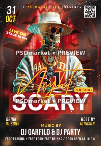 Streetwear Skeleton Scary DJ Night Flyer PSD Template — reduced watermarked source artwork preview