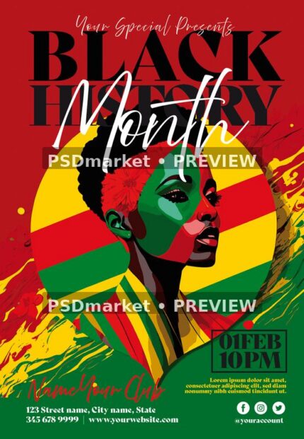 Striped Portrait Black History Month Flyer PSD Template — PSD template preview