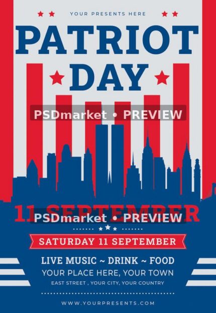Striped Skyline Patriot Day USA Flyer PSD Template showing this graphic poster uses navy typography and a city skyline against a white field of red vertical stripes with two PSDmarket preview watermarks