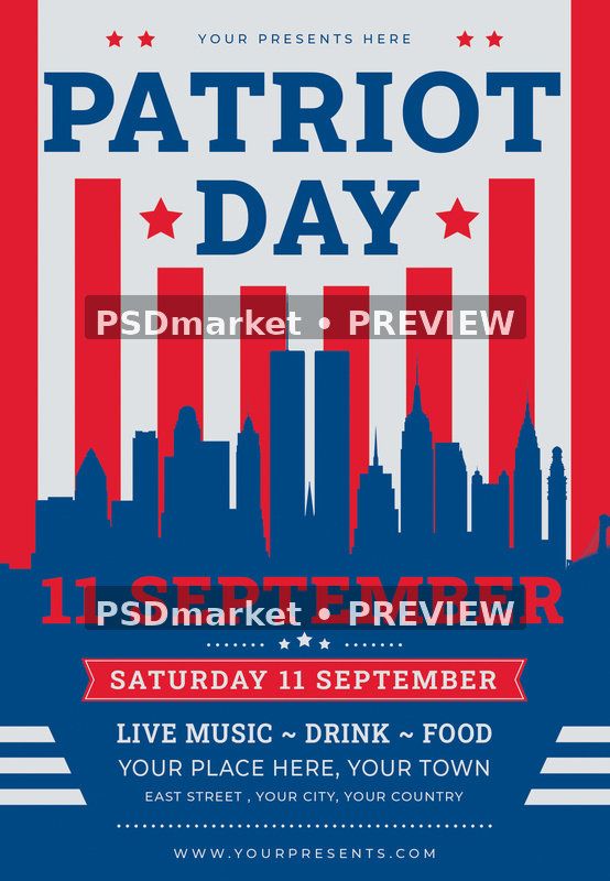 Striped Skyline Patriot Day USA Flyer PSD Template — PSD template preview