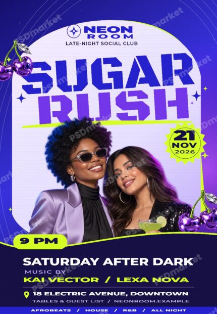 Sugar Rush editable party flyer PSD template, protected preview