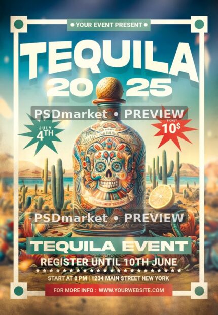 Sugar Skull Bottle Desert Tequila Event Flyer — reduced watermarked source artwork preview