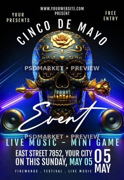 Sugar Skull Cinco De Mayo Night Flyer PSD Template — PSD template preview