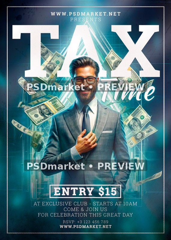Suit Portrait Tax Time Event Flyer PSD Template — PSD template preview