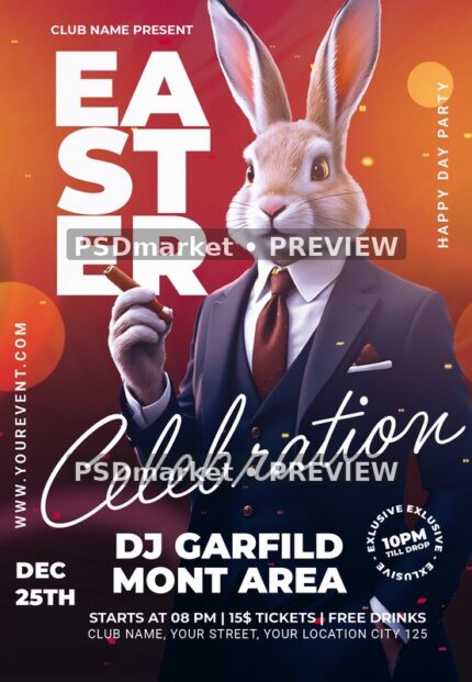 Suited Rabbit Easter Celebration Flyer PSD Template — PSD template preview
