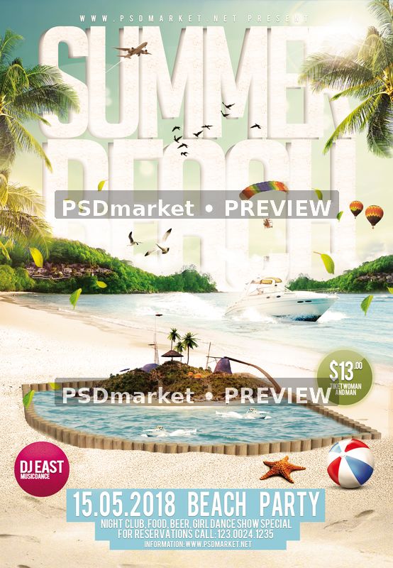 Summer Beach Island and Yacht Party Flyer PSD Template — PSD template preview