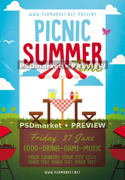 Blue summer picnic flyer with a red and white parasol, table and barbecues plus two PSDmarket preview watermarks