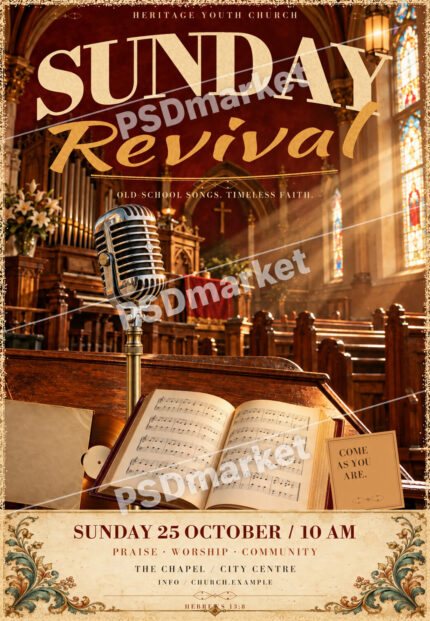 Sunday Revival vintage church flyer with retro microphone and hymnbook