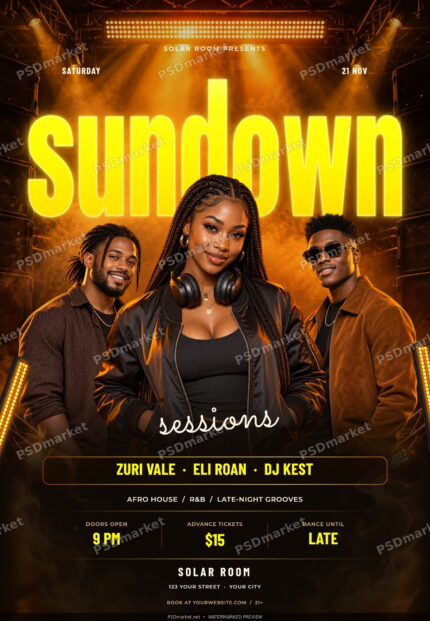 Watermarked Sundown Sessions V2 club flyer with glowing yellow headline, three fictional DJs, amber stage lights and smoke