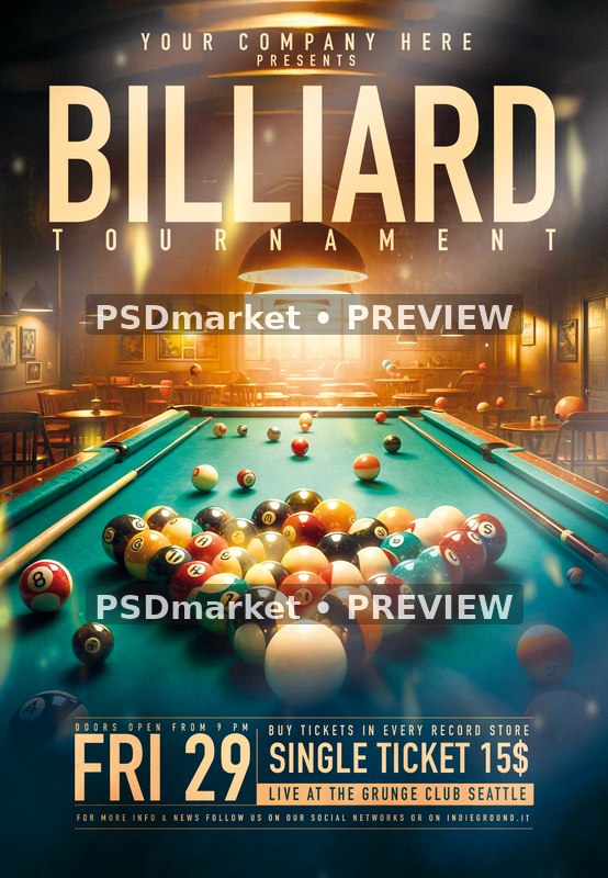 Sunlit Billiard Hall Tournament Flyer PSD Template — PSD template preview