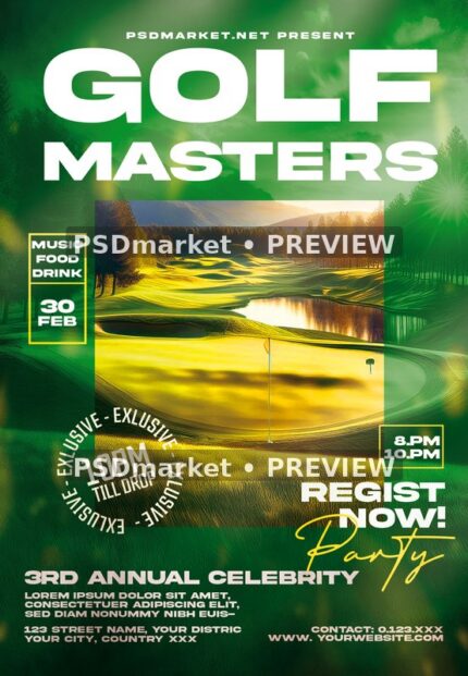 Sunlit Fairway Golf Masters Flyer PSD Template — PSD template preview