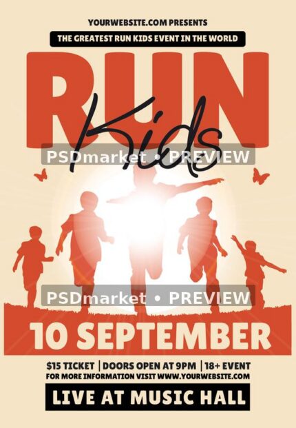 Cream and red Kids Run flyer with running silhouettes and a sunlit glow, shown with two horizontal preview watermarks