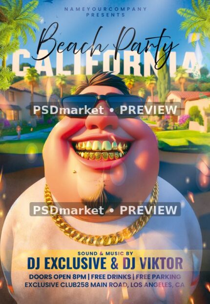 Sunny Cartoon Portrait California Beach Party Flyer — reduced watermarked source artwork preview
