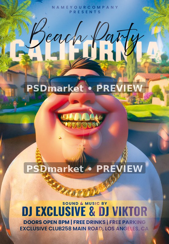 Sunny Cartoon Portrait California Beach Party Flyer PSD Template — PSD template preview