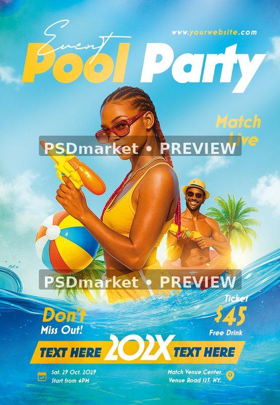 Sunny Water Pistol Pool Party Flyer PSD Template — PSD template preview
